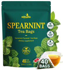 HIIHONE Spearmint Tea Bags packaging showcases freshness for a quick caffeine-free refresh.