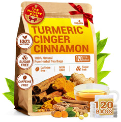 HIIHONE turmeric-ginger-cinnamon tea bag steeping for a comforting caffeine-free cup.