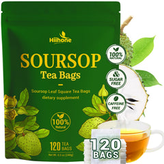 HIIHONE Soursop Leaf Tea bag closeup showing authentic leaves and aroma.