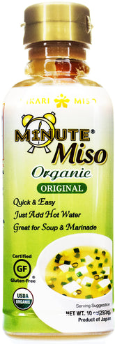Hikari Minute Miso Soup bottle label highlights organic ingredients and quick prep.