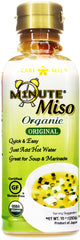 Hikari Minute Miso Soup bottle label highlights organic ingredients and quick prep.