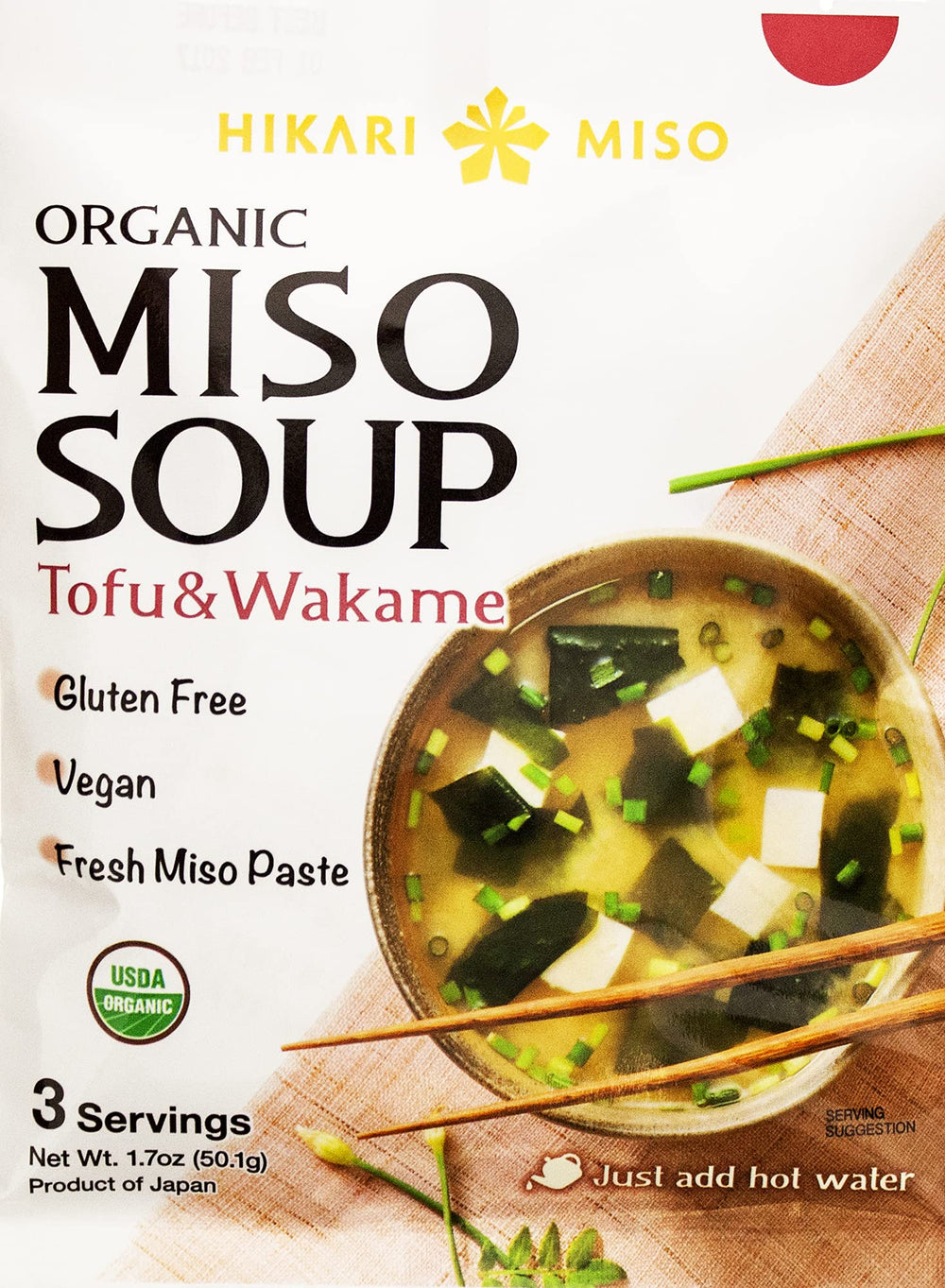 Hikari Miso Organic Instant Miso Soup with tofu and wakame in a ready-to-serve bowl.