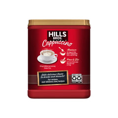 Scoop-dispense close-up of Hills Bros Cappuccino Double Mocha for quick preparation.
