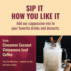 Hills Bros cappuccino foam-top indicating creamy texture in seconds.