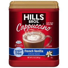 Hills Bros cappuccino French Vanilla cup-hot showing creamy vanilla cappuccino