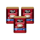 Hills Bros cappuccino French Vanilla packaging highlighting sugar-free mix quality and convenience