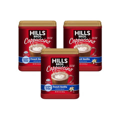 Hills Bros cappuccino French Vanilla packaging highlighting sugar-free mix quality and convenience