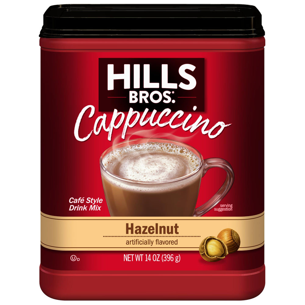 Hills Bros Cappuccino Hazelnut cup with steam delivers café-style comfort at home.