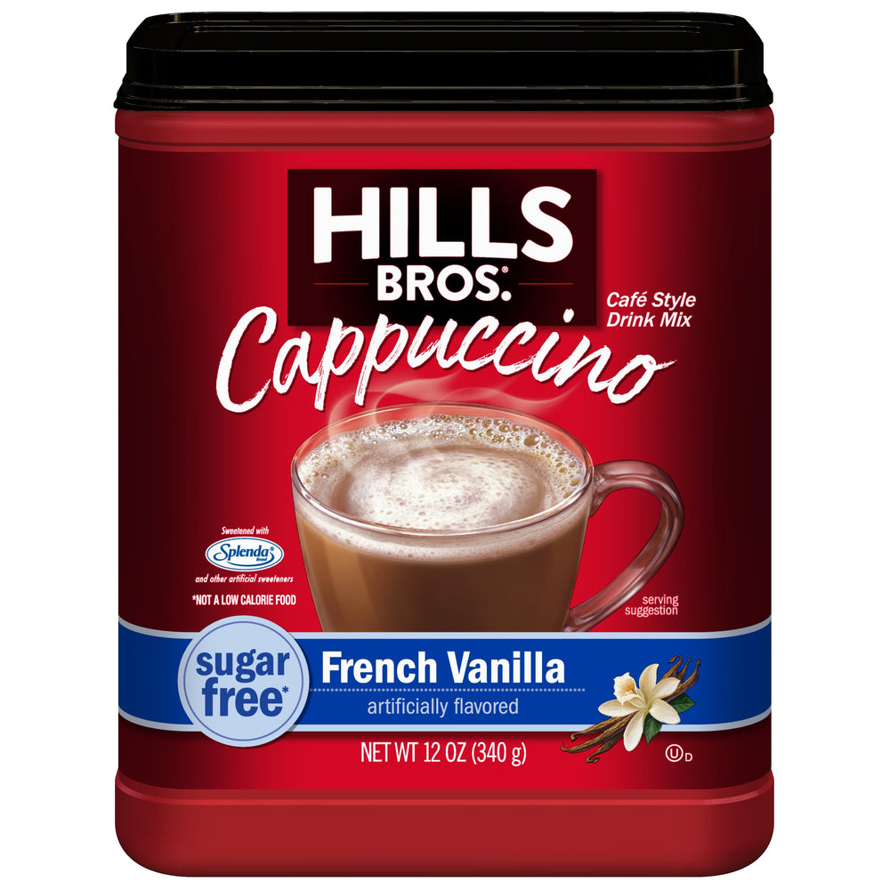 Hills Bros Cappuccino Mix packshot highlights a premium instant coffee experience at home.