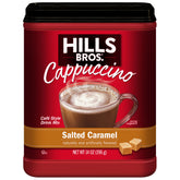 Hills Bros Cappuccino Mix salted caramel pack 14oz close-up, ready to brew a creamy cup.