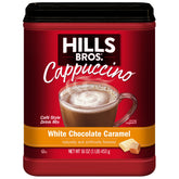 Hills Bros cappuccino mix package highlighting white chocolate caramel flavor for a quick café-style treat