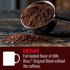 Hills Bros. decaf ground coffee can with lid open, pour-ready aroma.