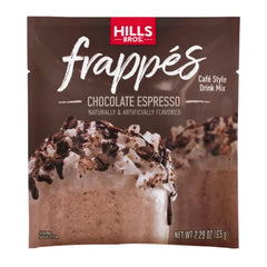 Hills Bros Frappes Chocolate Espresso in a glass with ice for cafe-style cold indulgence.