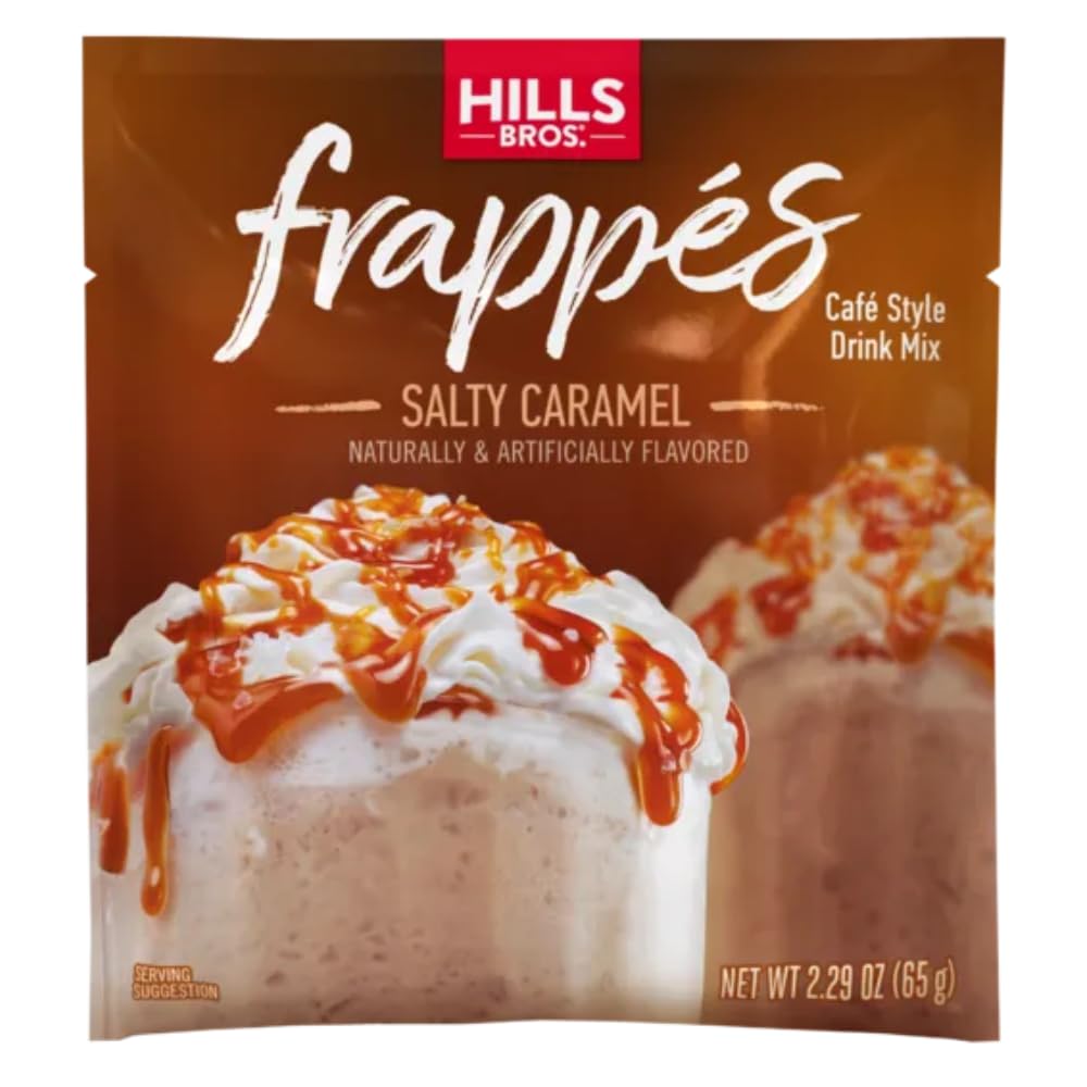Hills Bros Frappés Salted Caramel in a glass for a quick café-style treat at home.