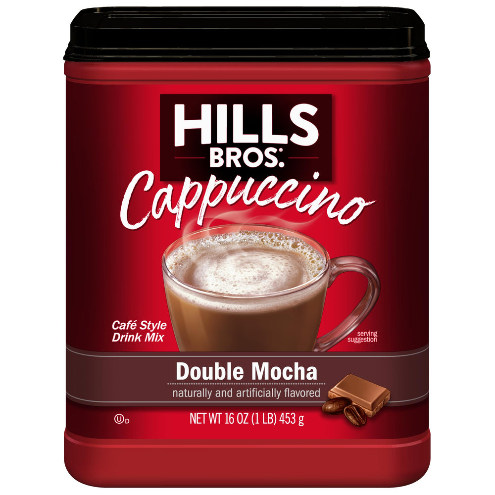 Hills Bros Instant Double Mocha Cappuccino cup offers rich foam and café-style flavor at home.