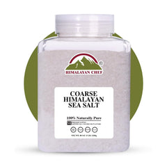 Himalayan Chef coarse salt jar on kitchen shelf for pantry organization.
