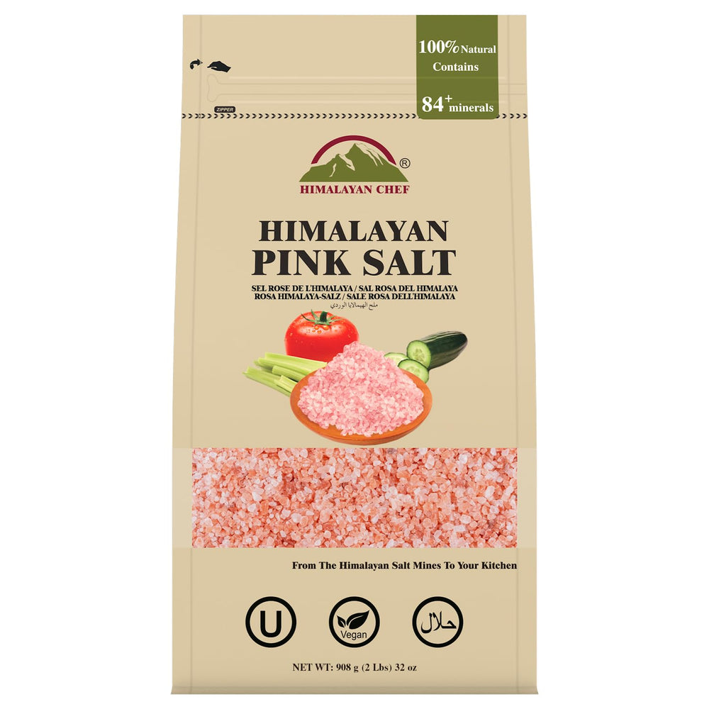 Himalayan Chef Pink Salt coarse grain in a 2 lbs bag, ready for cooking and seasoning.