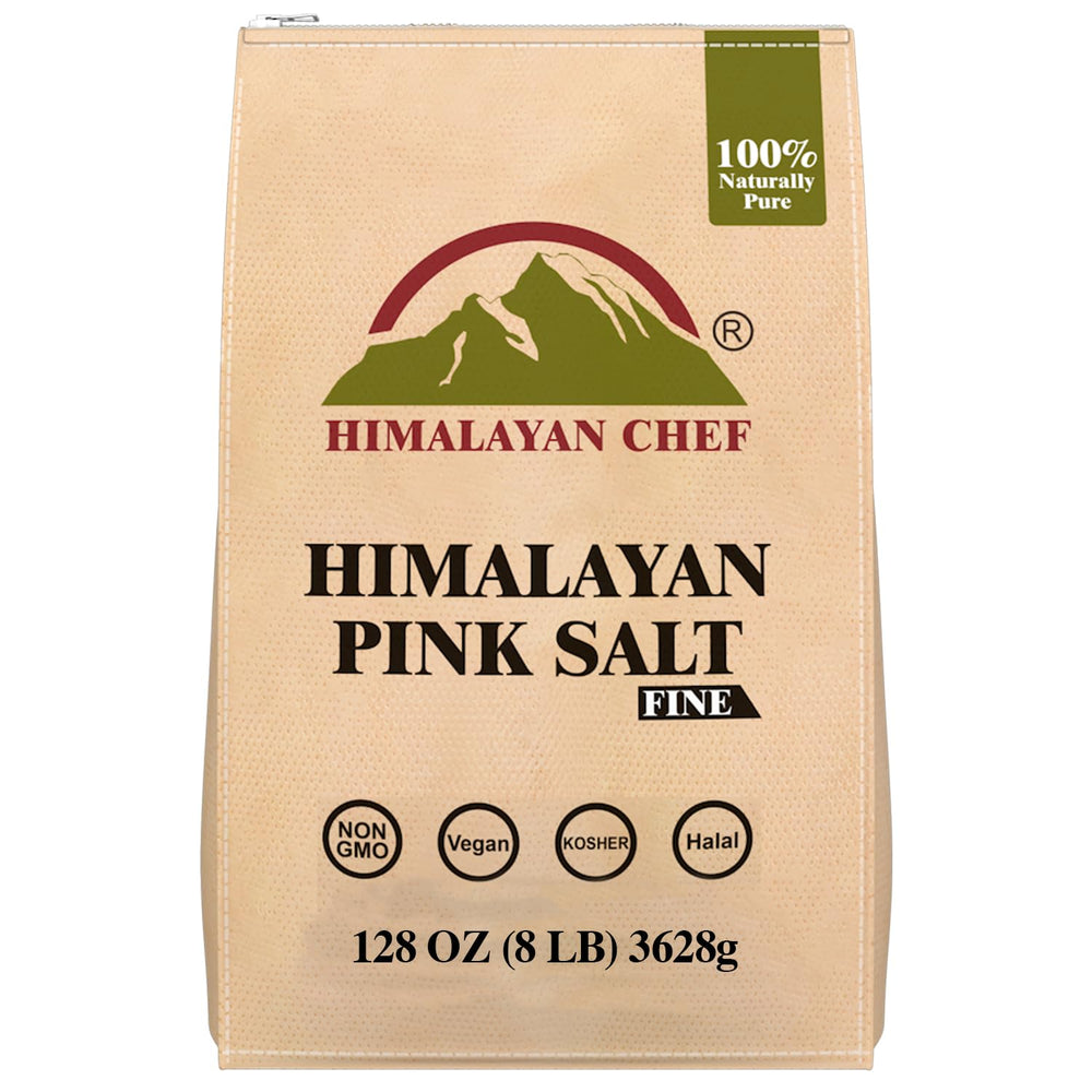 Himalayan Chef pink salt extra-fine 8lb bag, front view for everyday seasoning.