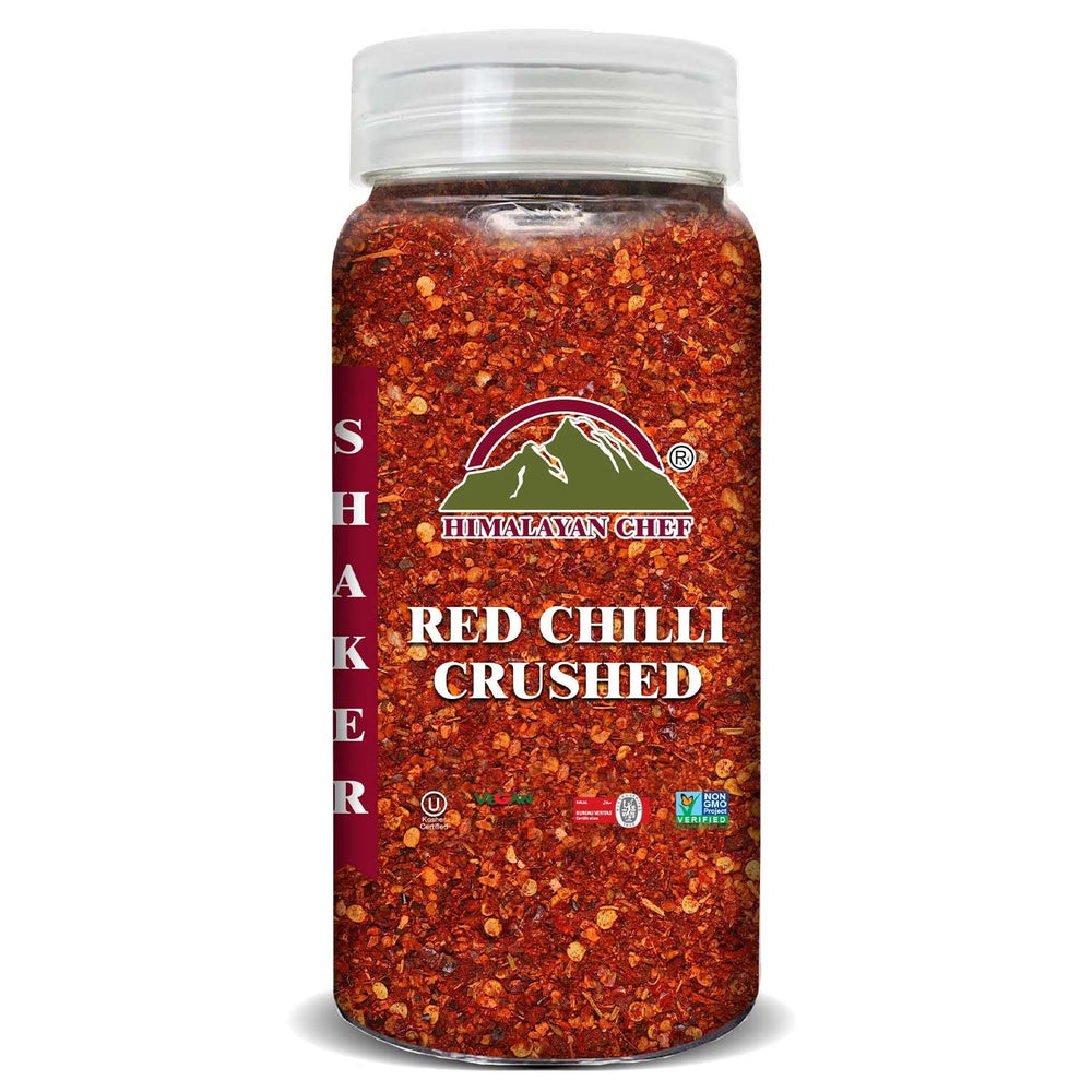 Himalayan Chef red crushed pepper flakes in shaker for enhanced flavor.