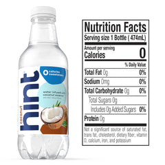 Hint coconut-flavor bottle close-up with real fruit essences for clean taste.