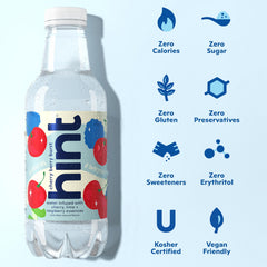 Hint fruit essences label highlights natural flavors without calories for a tasty, sugar-free sip.