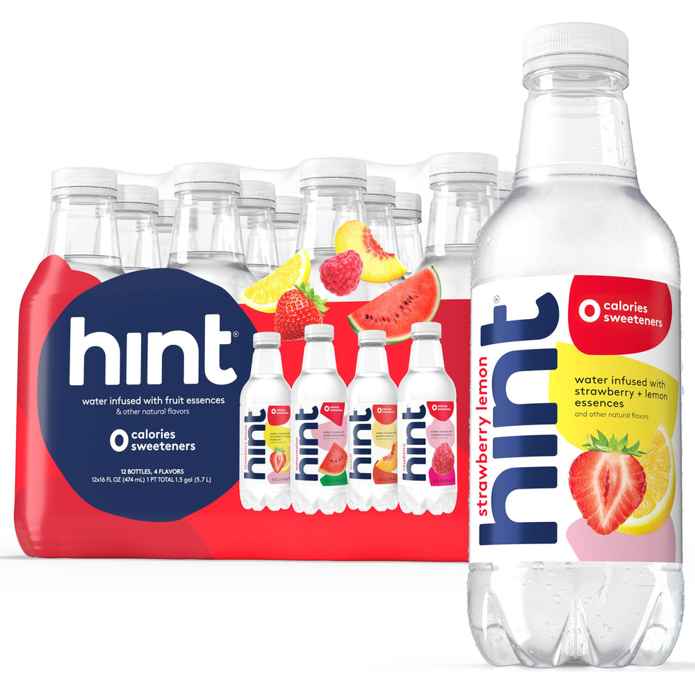 Hint fruit-infused water bottle close-up showing red flavors and zero calories.