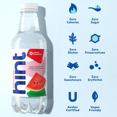 Hint Watermelon bottle back displays zero sugar and natural ingredients.
