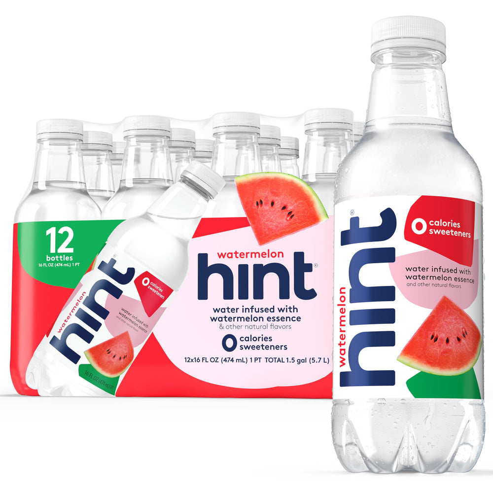 Hint Watermelon bottle front for refreshing zero-calorie hydration on the go.
