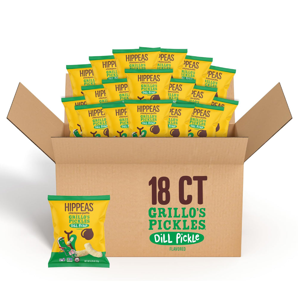 HIPPEAS Grillo's Dill Pickle puffs bag showing a crunchy plant-based snack on the go.