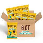 HIPPEAS Groovy White Cheddar puffs in bag highlighting bold flavor and baked crunch