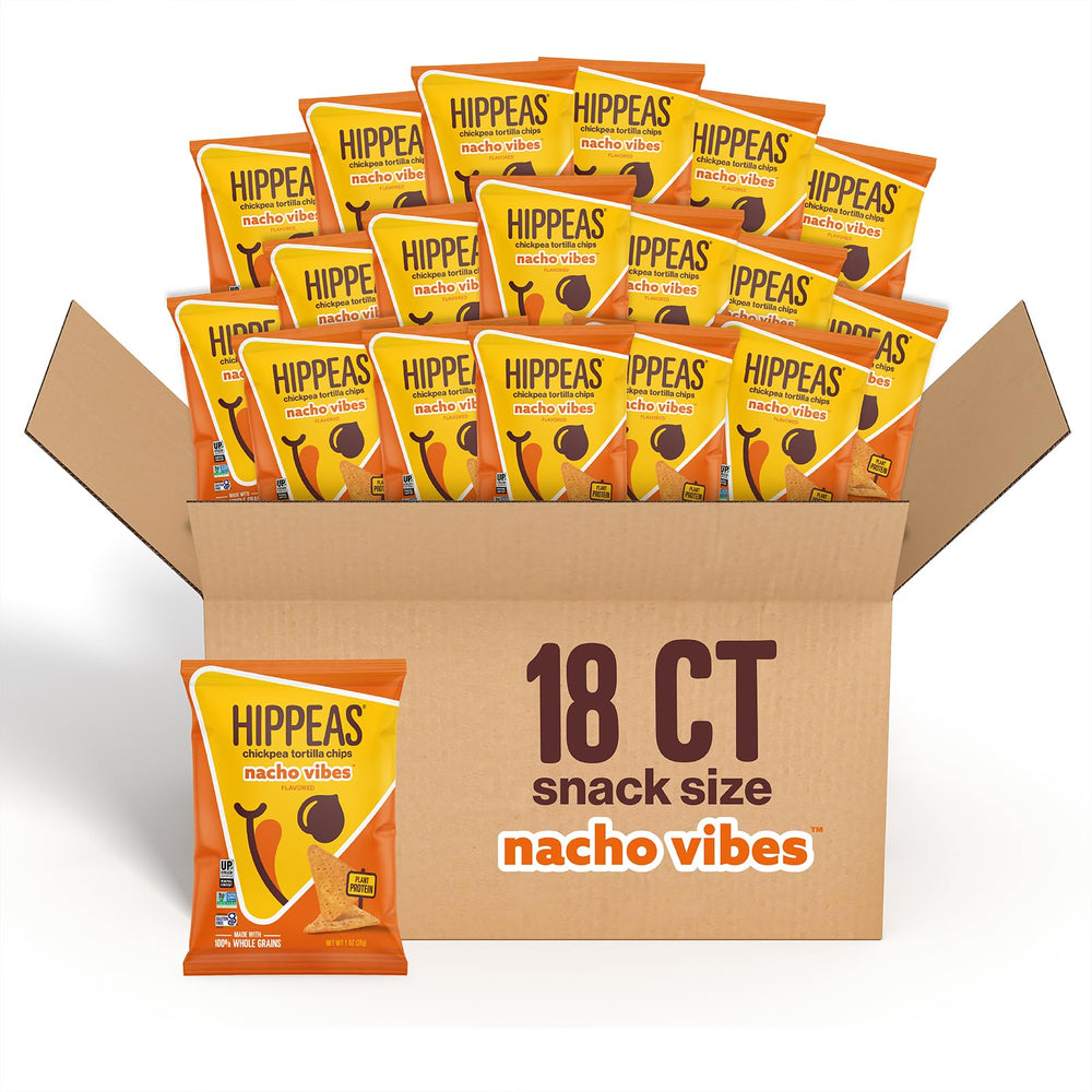 HIPPEAS Nacho Vibes bag shows a crunchy, dairy-free plant-based snack for movie nights