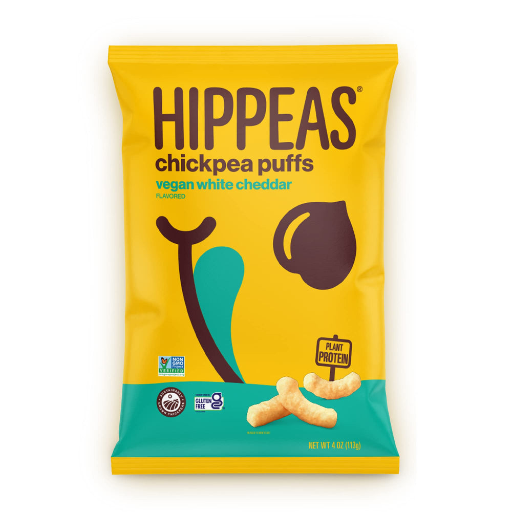 HIPPEAS organic chickpea puffs bag on shelf, a wholesome gluten-free snack
