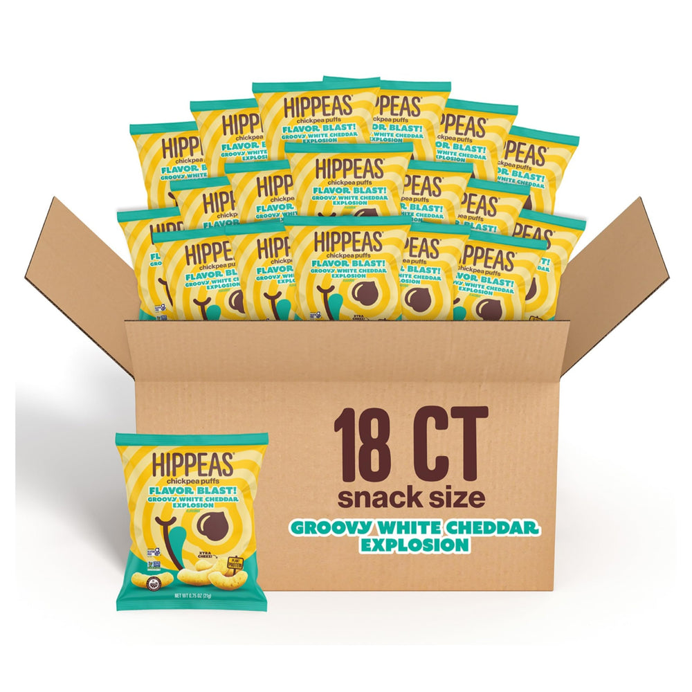 HIPPEAS White Cheddar Explosion puff bag ready for on-the-go snacking; protein-packed plant snack.