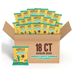 HIPPEAS White Cheddar Explosion puff bag ready for on-the-go snacking; protein-packed plant snack.