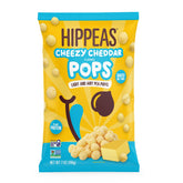 HIPPEAS Yellow Pea Pops cheddar bag front, plant-based snack with bold branding.