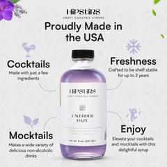 HipStirs Lavender Haze Syrup bottle with label highlighting natural ingredients