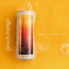 HIYO Peach Mango Social Tonic can closeup highlights 0% ABV and calorie-conscious enjoyment