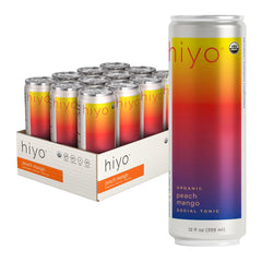 HIYO Peach Mango Social Tonic can on a white surface, inviting a refreshing moment.