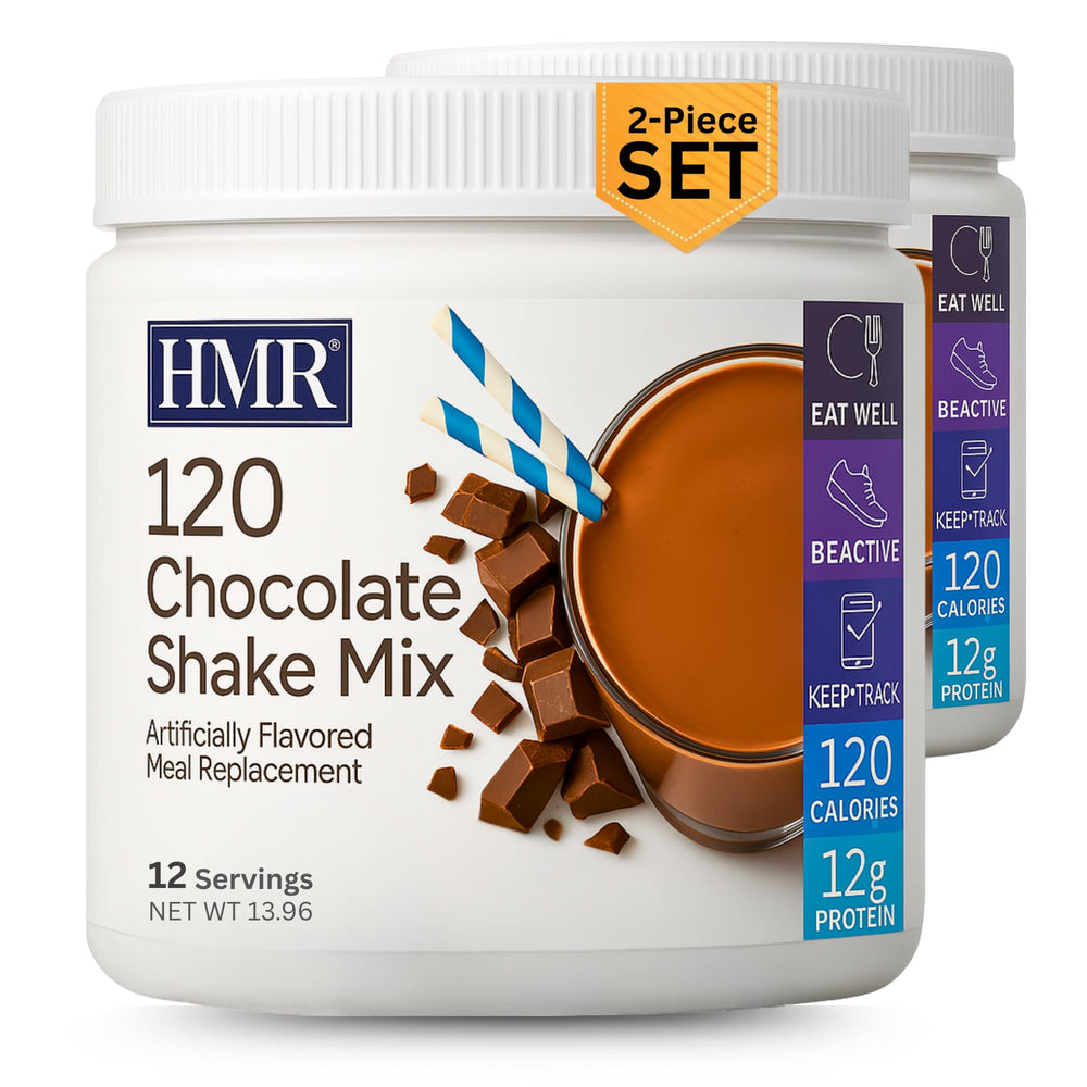 HMR 120 Shake chocolate tub front showing brand and protein-packed meal replacement.