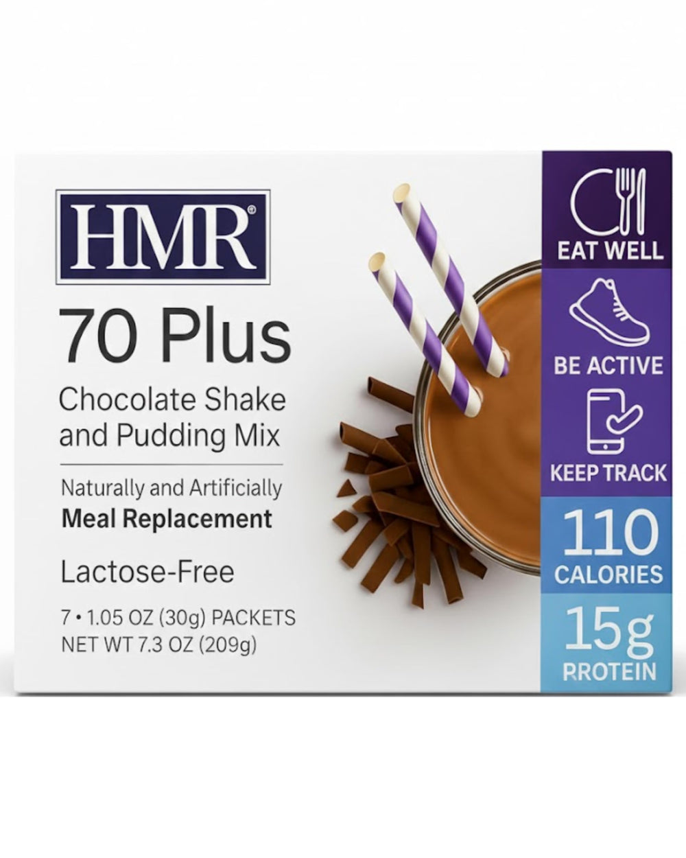 HMR 70 Plus shake in a chocolate bottle, lactose-free protein option for busy days