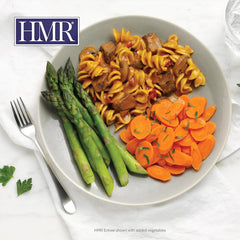HMR beef stroganoff noodles microwave-ready for fast lunches.