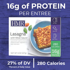 HMR Lasagna entrée plated to show 16g protein for a satisfying meal.