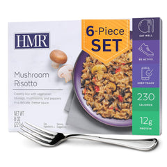 HMR Mushroom Risotto Entrée pack-6 box, a convenient shelf-stable meal option.