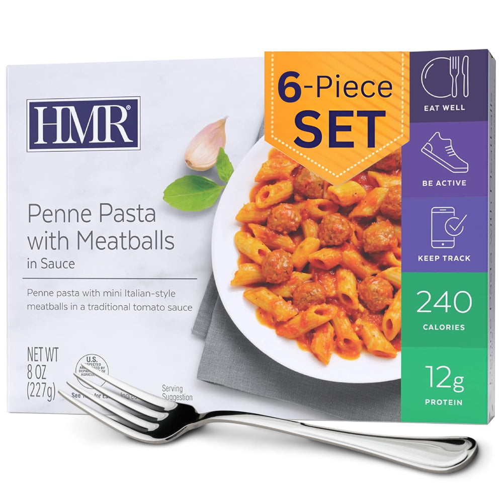 HMR Penne Pasta with Meatballs show al dente pasta in a rich tomato sauce