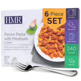 HMR Penne Pasta with Meatballs show al dente pasta in a rich tomato sauce