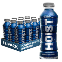 HOIST Blue Raspberry bottle highlighting IV-level hydration for athletes