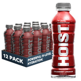HOIST bottle pouring strawberry lemonade for quick hydration during workouts.