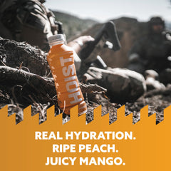 HOIST Peach Mango flavor bottle closeup highlights natural taste without artificial additives.