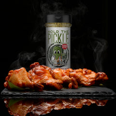 Close-up of Hold The Pickle O.G. Dill Seasoning label showing gluten-free and vegan notes.