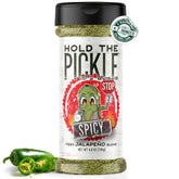 Hold The Pickle Spicy Dill Seasoning bottle on counter elevating popcorn.